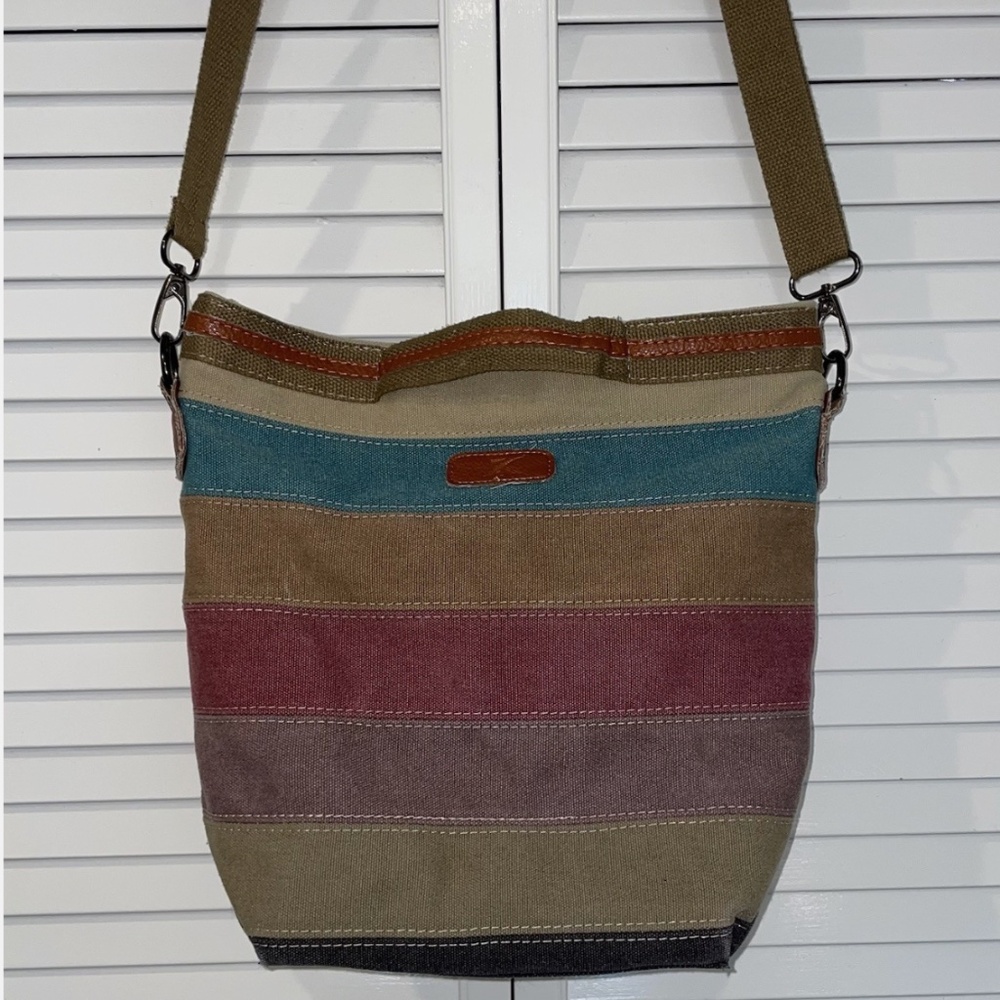 K2 Classic Canvas Crossbody Tote Bag Adjustable Strap Striped Vintage Granola